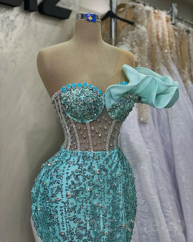 Elegant One-shoulder Sparkling Beaded Evening Gown on Luulla