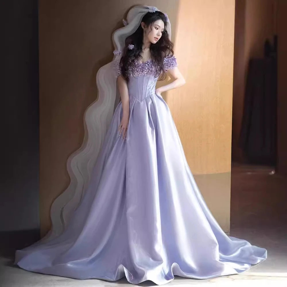 Lavender Gown With Lace Appliqué Puff Sleeves on Luulla