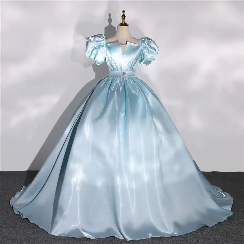 Satin Blue Puff Sleeve Ball Gown Dress on Luulla