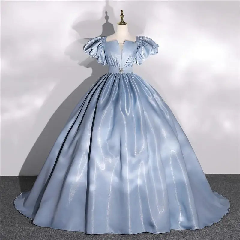 Satin Blue Puff Sleeve Ball Gown Dress on Luulla