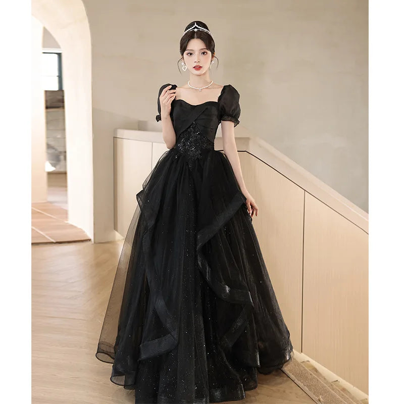 Stunning Black Tulle Gown With Puff Sleeves on Luulla