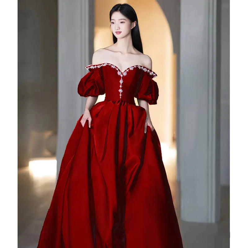 Stunning Off-shoulder Red Gown With Puff Sleeves on Luulla
