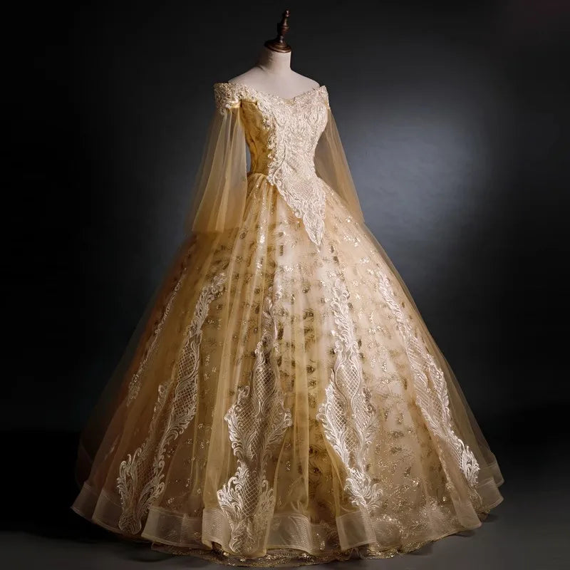 Luxurious Gold Lace Bridal Gown With Train on Luulla