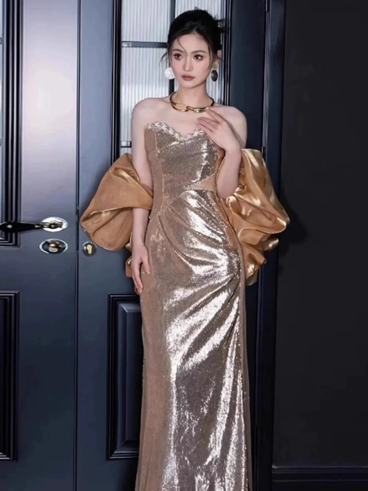 Strapless Metallic Gown With Dramatic Ruffle Detailing on Luulla