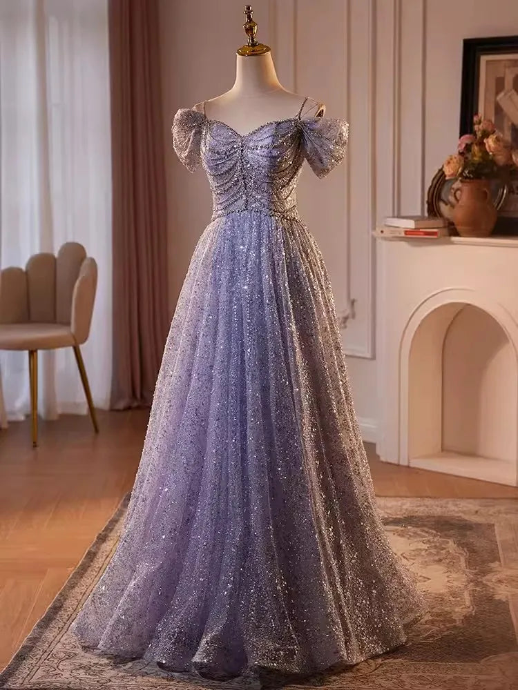 Sparkling Blue Evening Gown With Puff Sleeves on Luulla