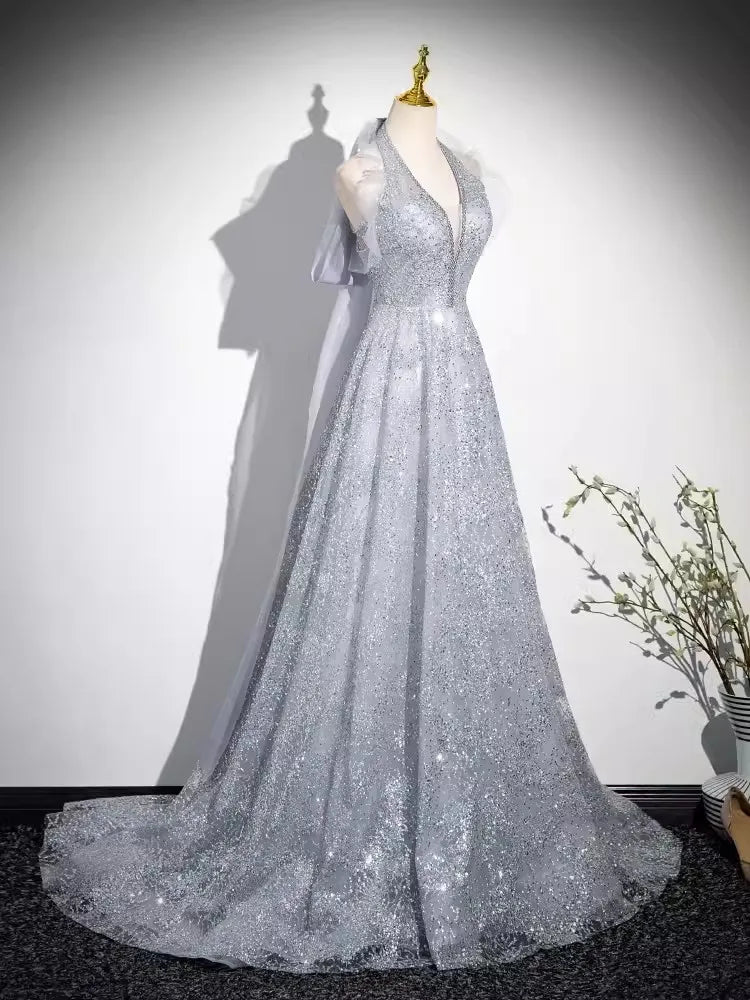 Silver Plunging Neck Sequins Strapless Formal Gown main image 0