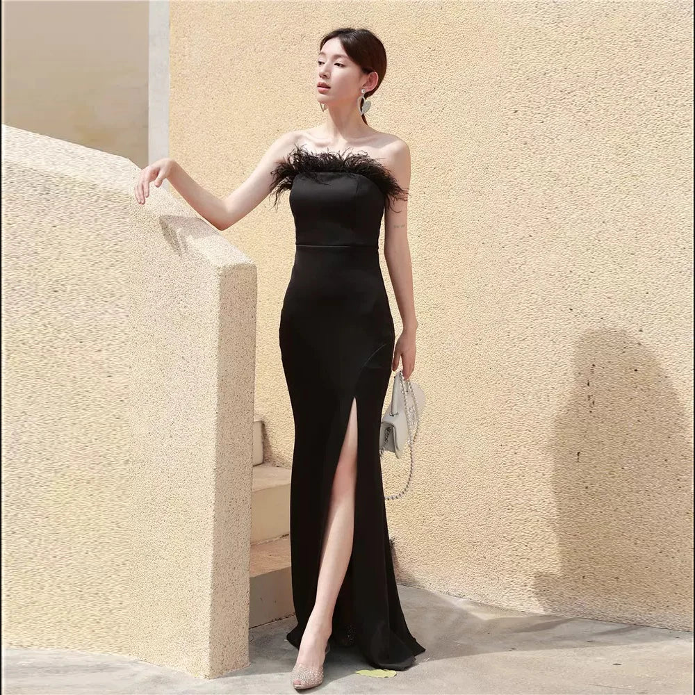 Strapless Black Gown With Feather Trim Accent on Luulla