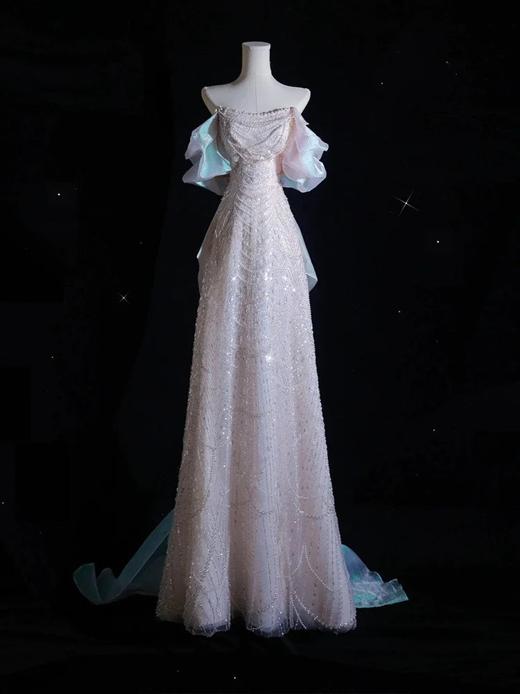 Stunning Sequined Gown With Ruffled Shoulder Design on Luulla