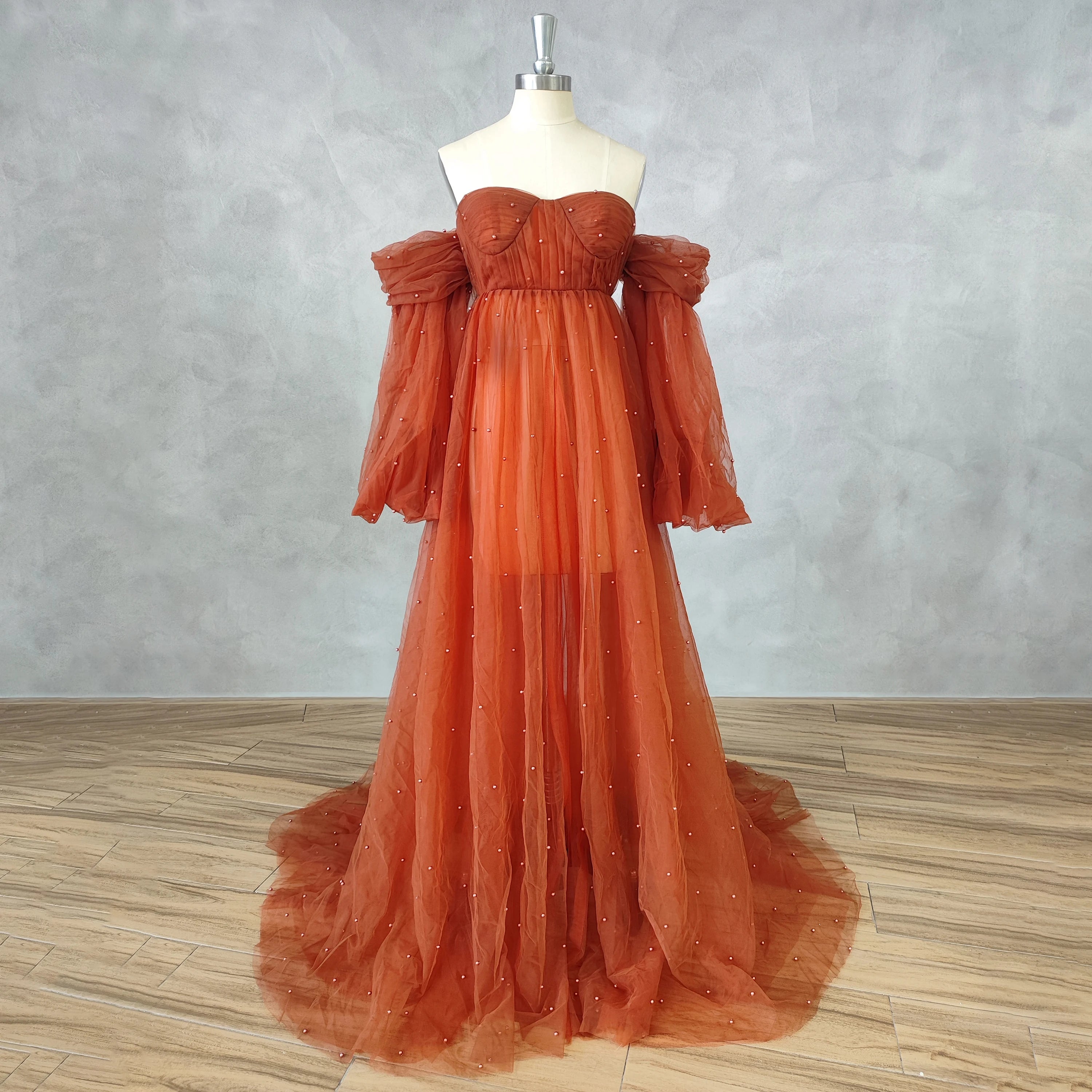 off the shoulder gathered tulle gown