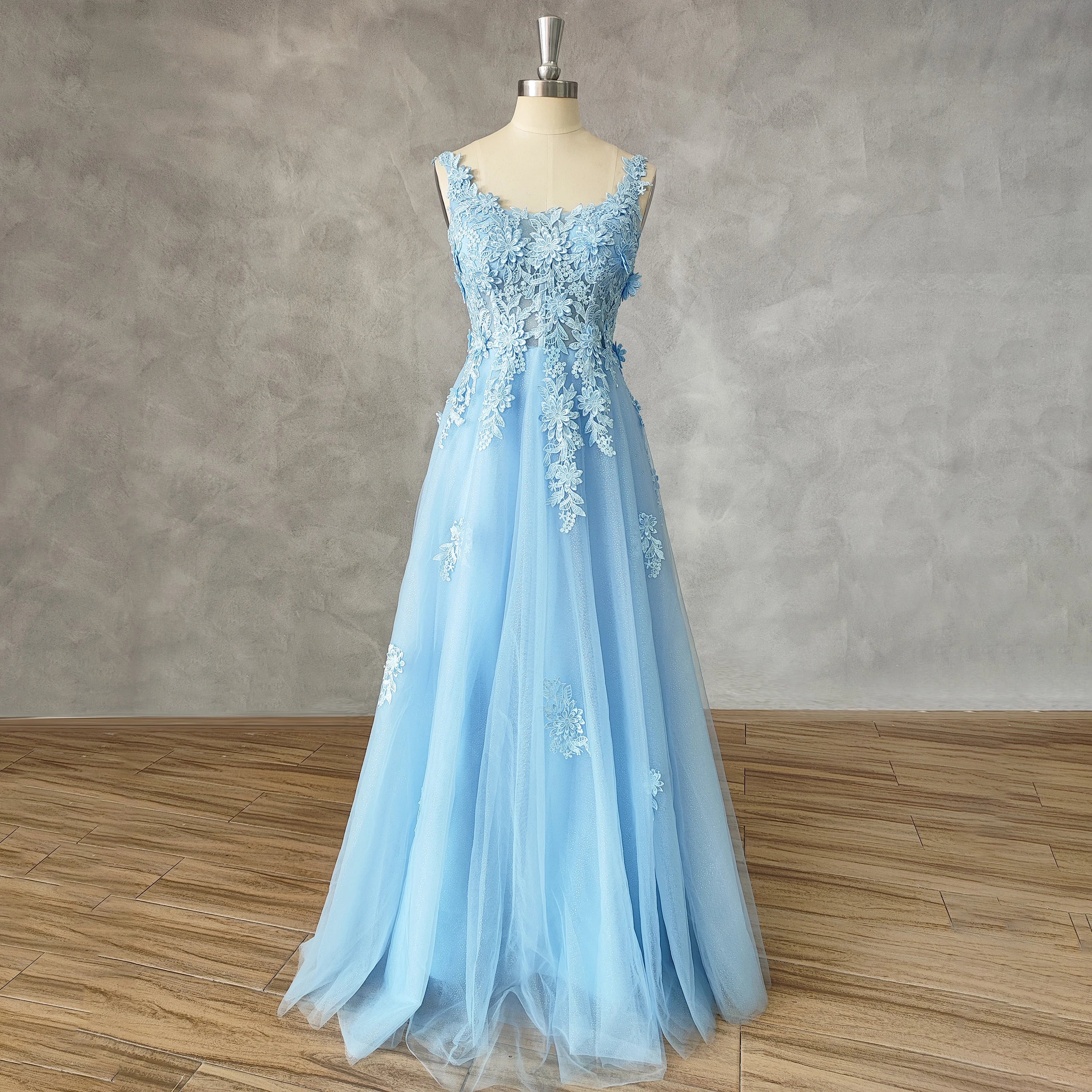 Blue Lace A-line Gown With Floral Appliques on Luulla