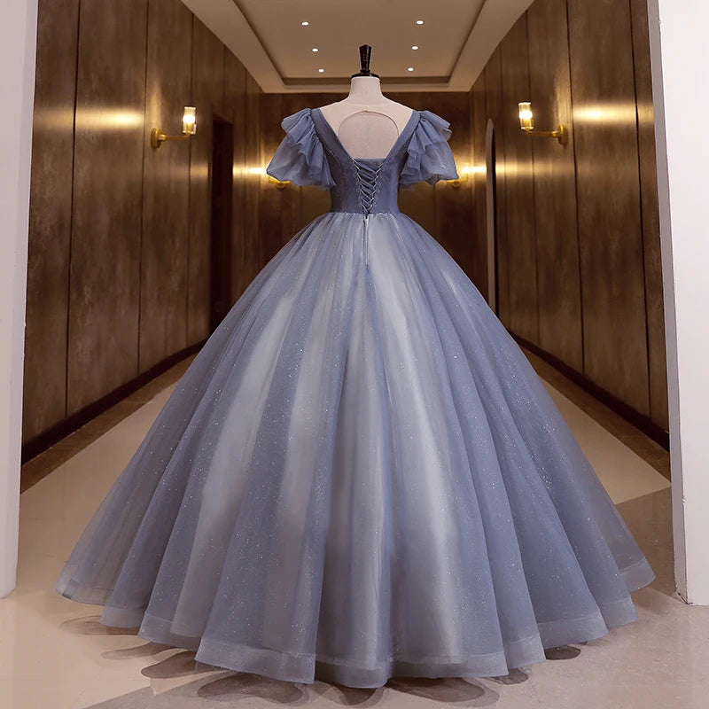 Sparkling Blue Ball Gown With Puff Sleeves on Luulla