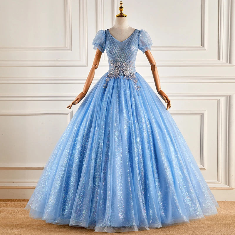 Sparkling Blue Ball Gown With Puffy Sleeves on Luulla