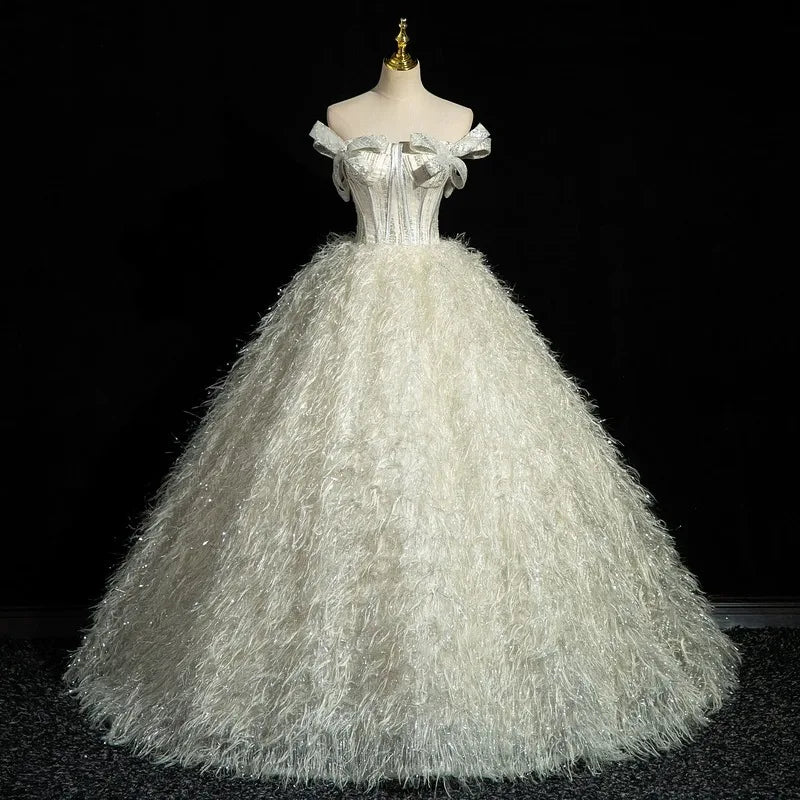 Off Shoulder Long Sleeves Ball Dress with Ruffles
