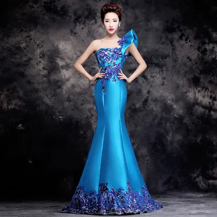 One-Shoulder Gown with Beaded Bodice and Drape Accent Ink Blue main image 1