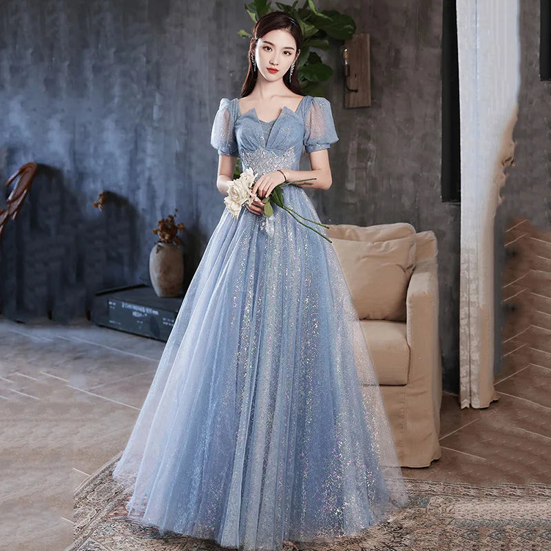 Sparkling Blue Gown With Sheer Puffy Sleeves on Luulla