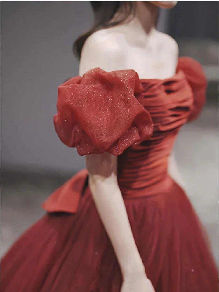 One-Shoulder Glitter Tulle Gown with Lace-Up Back Burgundy