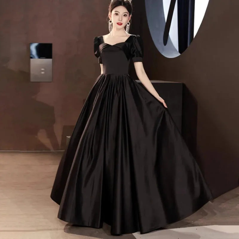Fitted Stretch Satin Gathered Waistband Black Evening Gown,DS5036 main image 1