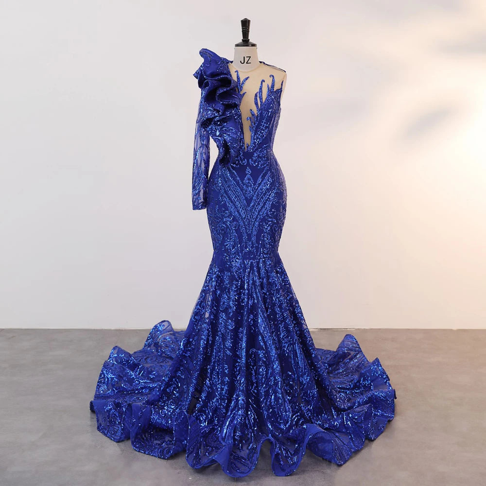 Saxe Blue One-Shoulder Sequin Evening Dress